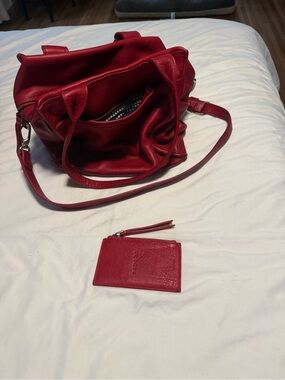 Red Sapahn leather Women's Shoulder Bag with Matching Card Pouch